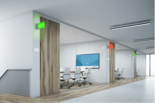 Meeting rooms with green and red lights outside
