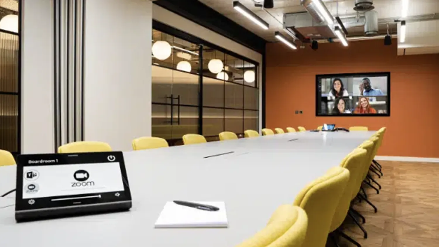 Sophisticated divisible boardroom with both Zoom Rooms and Microsoft Teams Rooms options